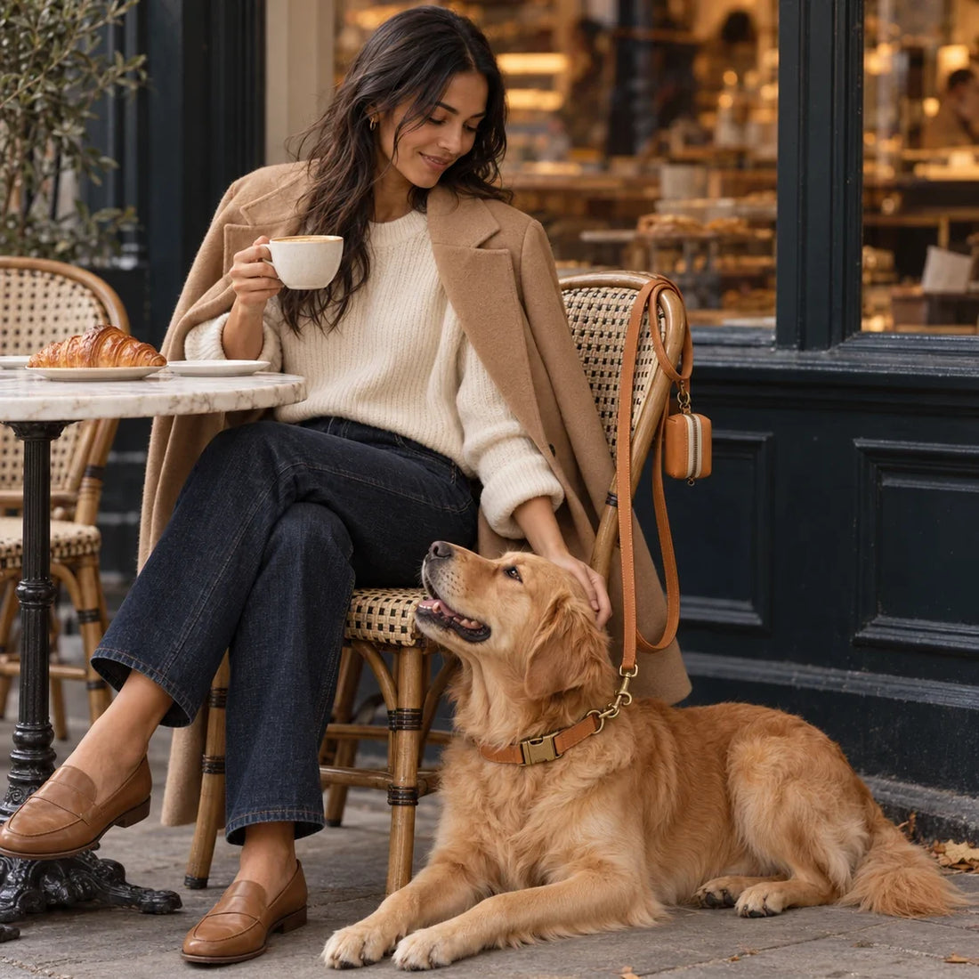 Marylebone lead and poop bag holder looped over a cafe chair