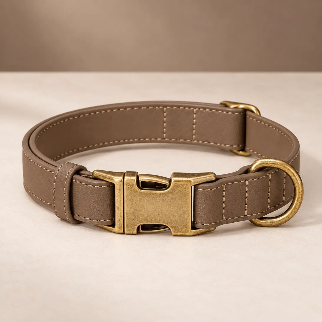 Mink vegan leather collar with antique brass buckle, ready to engrave
