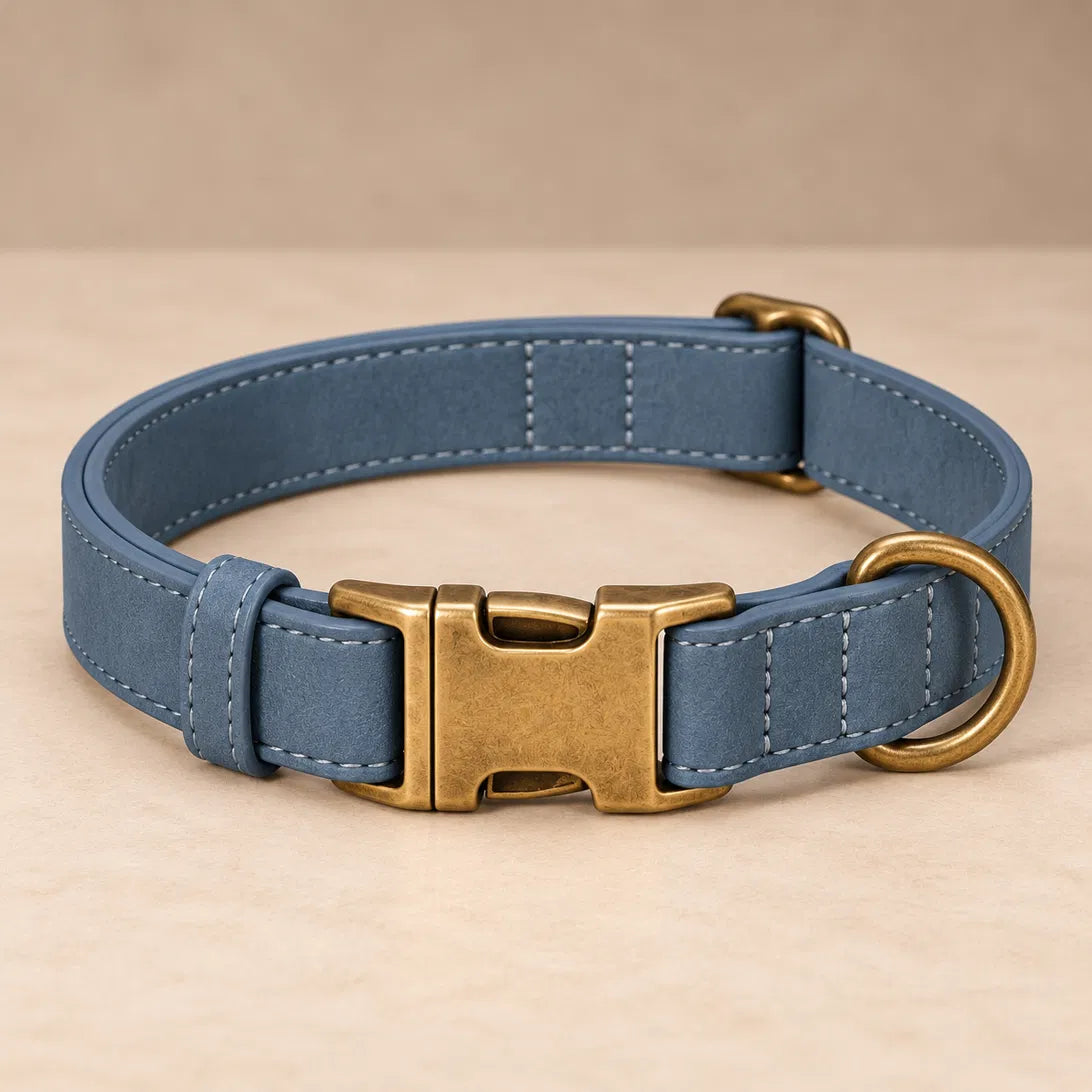 Slate vegan leather collar with antique brass buckle, ready to engrave
