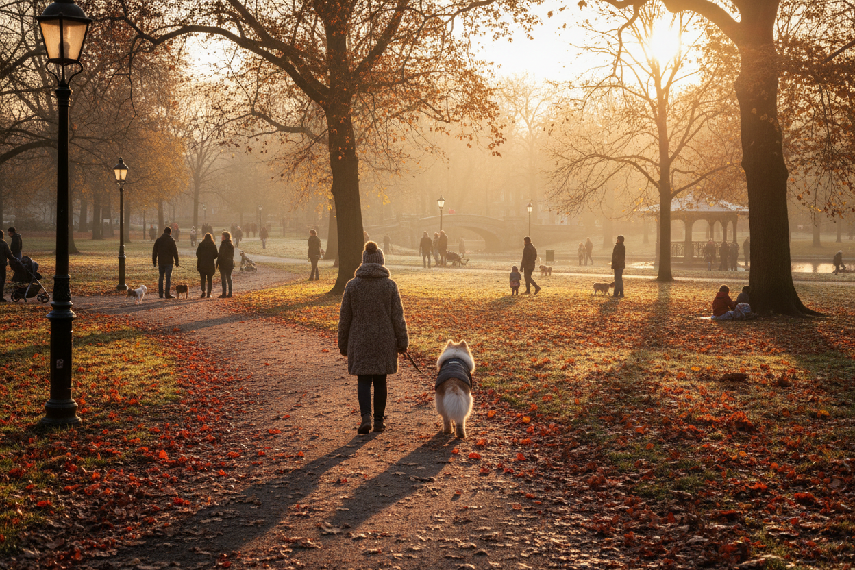 please show a dog walking with a thick coat on during golden hour on a cold day with its owner in a leafy park, ideally walking away from the camera in the distance. The park is also busy and active, autumn with leaves on the ground.