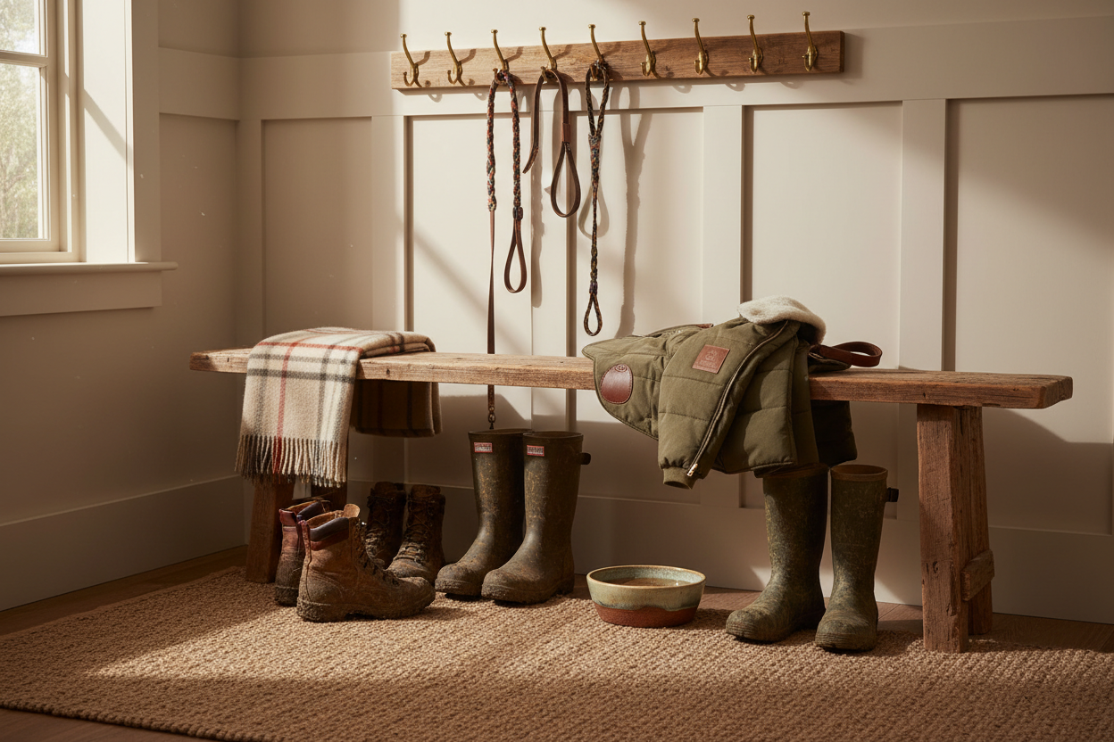 Typical hallway bench with loads of muddy boots, dog leads hanging up, a dog coat lying on the bench, and a dog bowl underneath in shot. Warm setting. Premium dog clothes brand style image.
